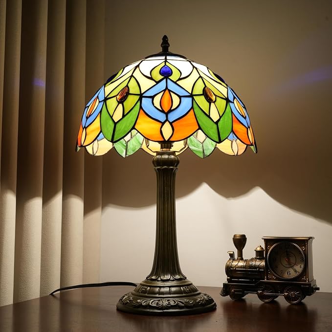 Tiffany Lamp Stained Glass Table Lamp 12-Inch Green Peacock Feather Living Room Bedside Table Coffee Shop Dormitory Home Office Decoration Tiffany Style Retro Luxury Decoration Gift (Orange lamp)