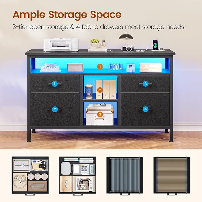 4 Drawer Lateral File Cabinet, Filing Cabinet with Outlet and LED Light, Printer Stand, Open Storage Shelf, Fabric Lateral Filing Cabinet for A4/Letter, for Home Office, Black