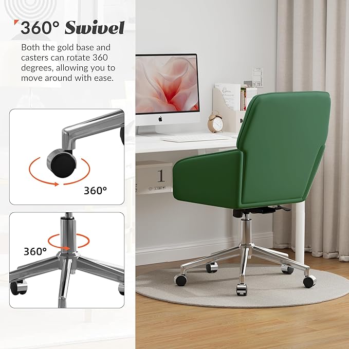 YISHENG Velvet Office Desk Chair with Silver Base, with Wheels,Modern Height Adjustable 360 Degree Swivel Upholstered Vanity Chairs with Arms for Living Room Bedroom,Green