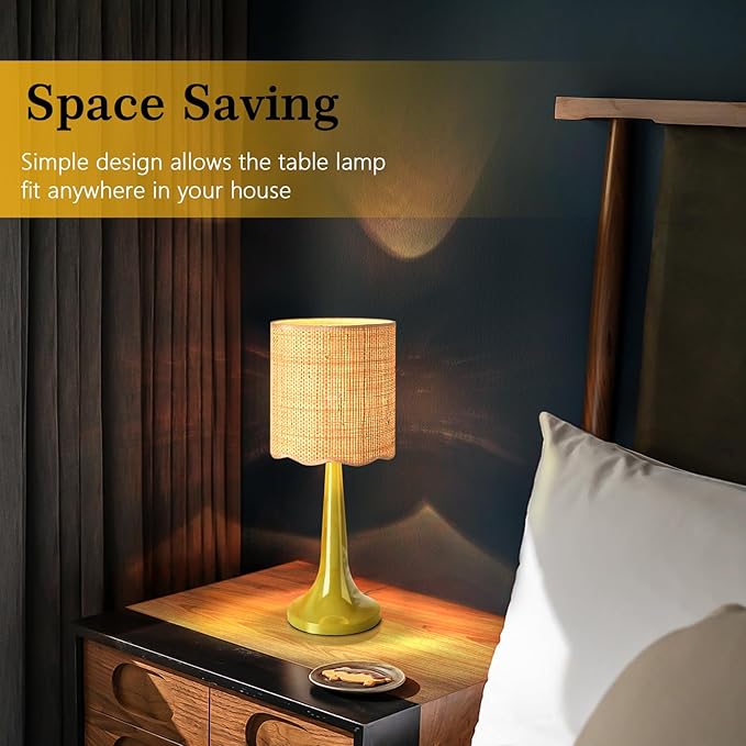 Green Rattan Small Table Lamp for Bedroom, Green Bedroom Lamps for Bedside Nightstand, Small Rattan Shade Table Shape Lamps for Small Spaces for Kitchen Counter, Home Office, Living Room, Kids Dorm