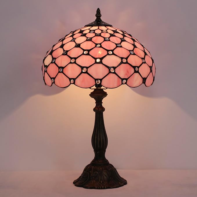 Tiffany Lamp Touch Control Table Lamp Pink Bead Style Stained Glass Desk Lamp 12X12X19 Inches Reading Light