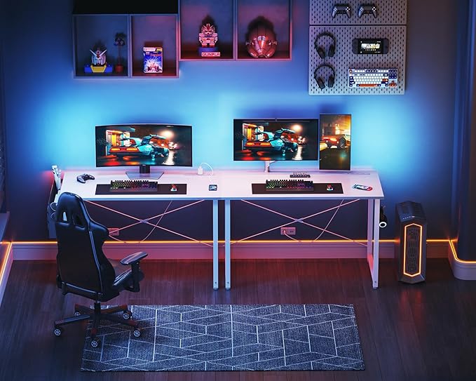KKL Small Desk with Power Outlets and USB Port Computer Desk for Home Office Gaming Simple Modern Style Writing Desks with Storage Bag Headphone Hook, 40 inch, White
