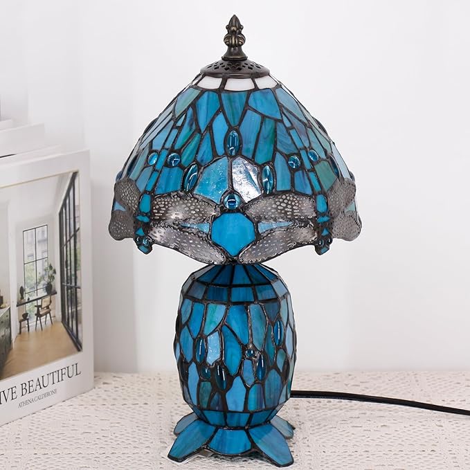 Small Tiffany Lamp Stained Glass Table Lamp Mini Mother Daughter Vase Desk Accent Light for Bedroom Bedside Reading Home Antique Style Decor 8X14 Inches (Green Dragonfly)