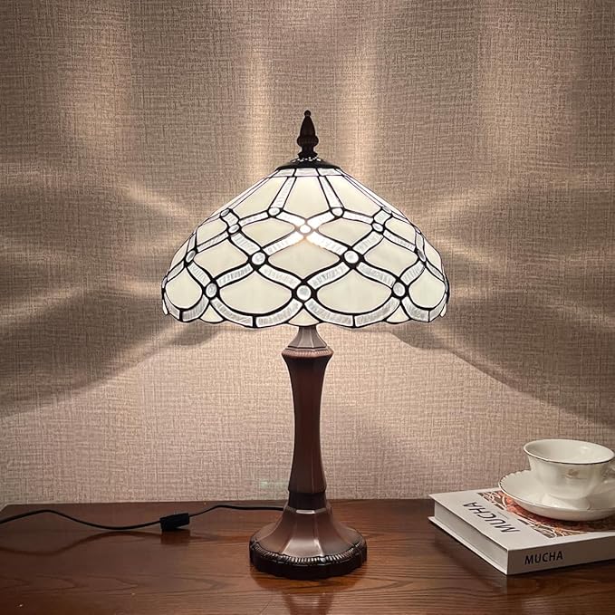 Tiffany Table Lamp,White Stained Glass Table Light,Antique Style Medium Size Desk Lamp Vintage Beside Reading Lamp for Living Room Bedroom Office