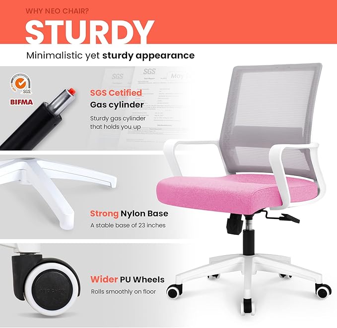 NEO CHAIR Office Chair Gaming Desk Computer Chair Ergonomic Mesh Mid Back with Wheels Lumbar Support Comfy Swivel Adjustable for Home (Pink)