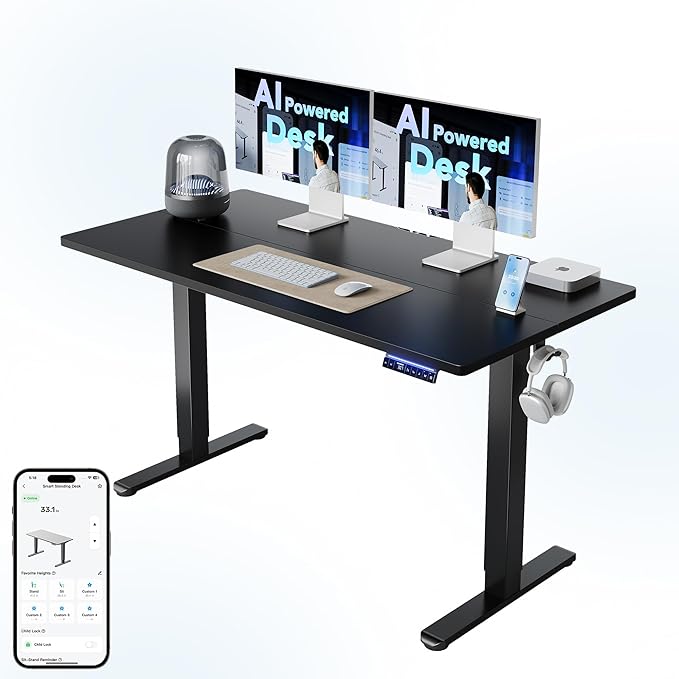 HUANUO AI-Powered Electric Standing Desk with Smart APP, Work with Alexa & Google, Adjustable Height, 6 Memory Settings, Sedentary Reminder, Ergonomic Sit-Stand Desk, 55-inch, Black