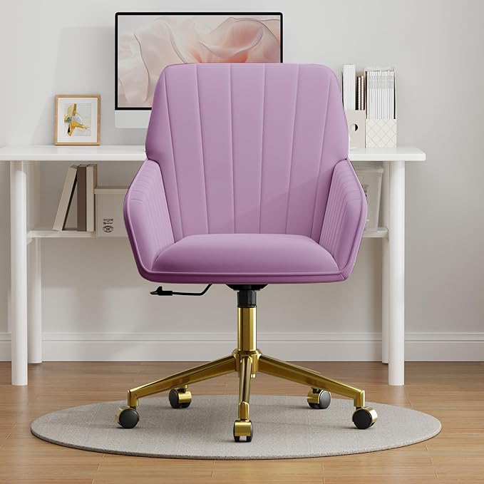 YISHENG Velvet Office Desk Chair with Gold Base, with Wheels,Modern Height Adjustable 360 Degree Swivel Upholstered Vanity Chairs with Arms for Living Room Bedroom,Purple