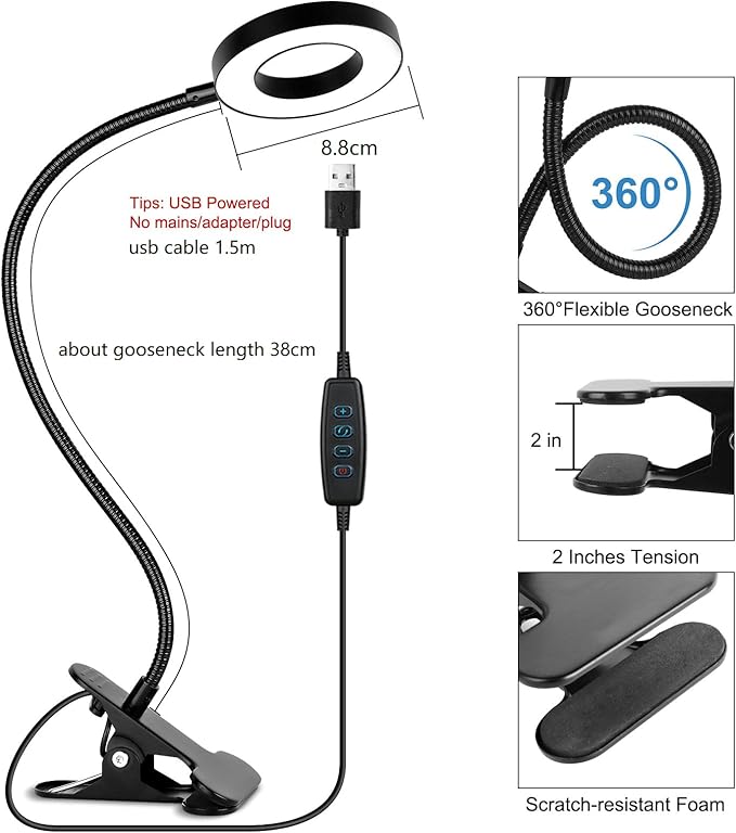 Desk Clip on Lamp for Reading Home Office, 10 Dimmable Brightness 3 Modes, Clamp Light for Bed Headboard
