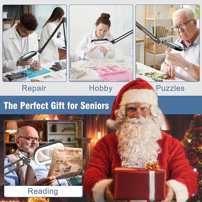 10X Rectangle Magnifying Glass with Light and Clamp, 2*16 Inch Large Swivel Arm LED Desk Lamp, 5 Color Modes Brightness Steepless Dimming, Hands Free Lighted Magnifier Stand for Craft Reading Painting