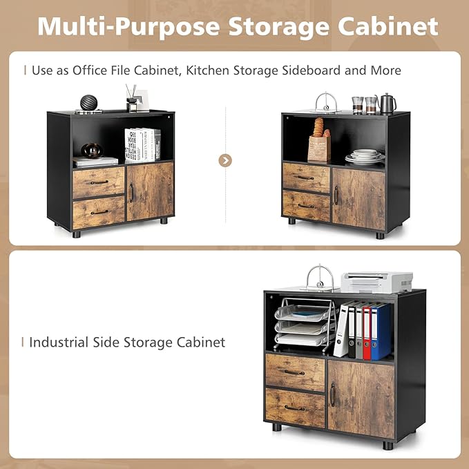 Giantex 2 Drawer File Cabinet - Lateral Filing Storage Cabinet with Industrial Style, Anti-Scratch Surface, Anti-Tipping Device, Middle Open Shelf, Printer Stand for Home Office 31.5” x 16” x 31.5”