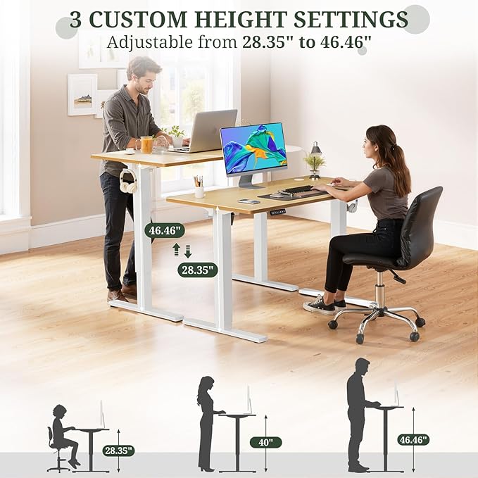 48 x 24 in Electric Standing Desk - Memory Height Adjustable Ergonomic Sit-to-Stand Rising Computer Table Gaming Workstations with 2 Hooks and Wire Hole for Home Office, Natural