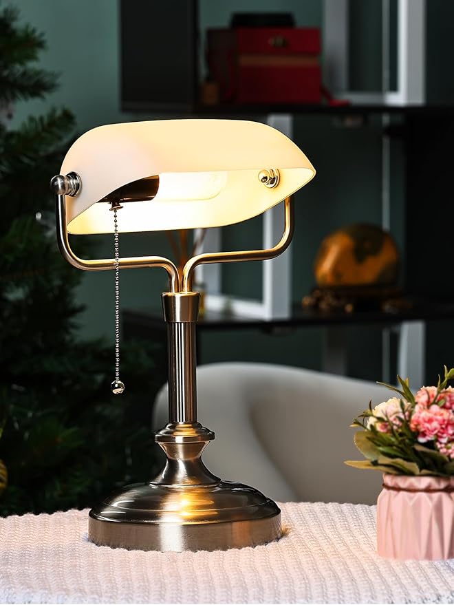 Traditional Banker's Desk Lamp with Glass Shade,Pull Chain Switch, LED Bulb Included (Satin Nickle+White)