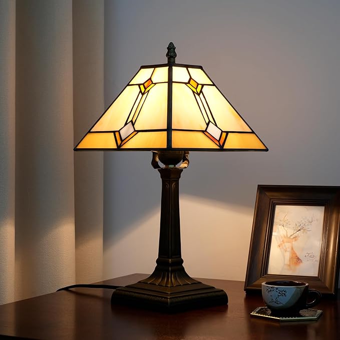 Tiffany Table Lamp Mission Style Stained Glass Table Light Yellow Antique Desk Lamp Vintage Beside Reading Lamp for Home Living Room Bedroom Office