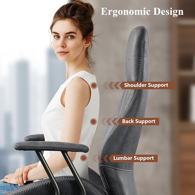 Mid Century Modren Office Chair - Fuax Leather Suede Brown Executive Chairs Ergonomic Mid Back with Lumbar Support, Swivel Computer Desk Task Chair with Wheels for Home Office (Grey, Hign Back)