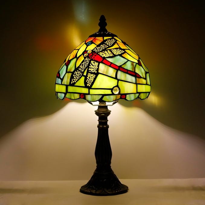 Tiffany Lamp Touch Control Table Lamp Green Red Stained Glass Desk Lamp 8X8X14.5 Inches Dragonfly Style Reading Light