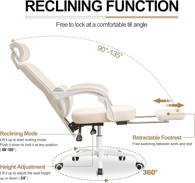 Ergonomic Office Chair with Footrest,90-135 Comfy Reclining Chairs,Home Office Desk Chair with Adjustable Lumbar Support & Headrest,Mesh High Back Computer Executive Chair (Beige)