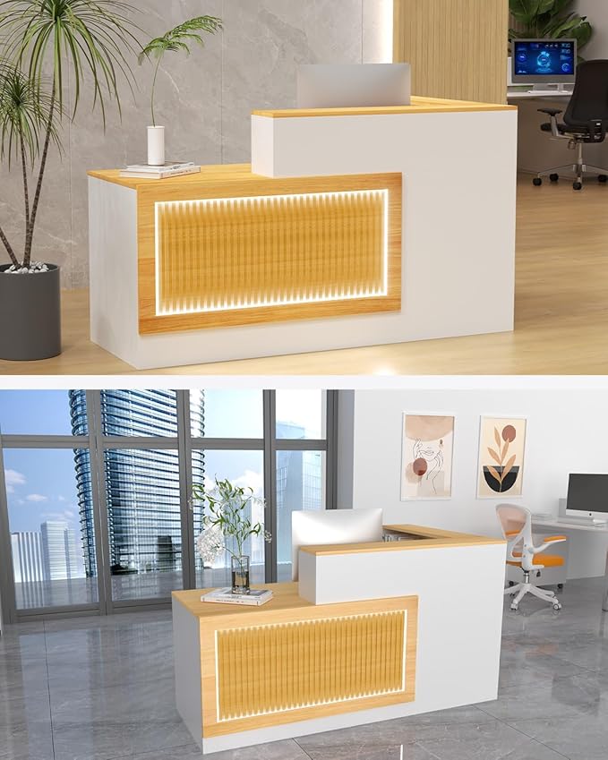 L-Shaped Reception Desk, Solid Wood Reception Desk with Counter, Check Out Stand with Lockable Drawer, Retail Checkout Counter for Office, Store, Beauty Salon (L-Shaped-Light Walnut -L, 71in)
