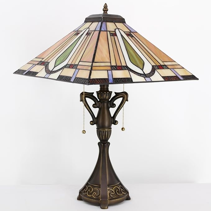 Tiffany Table Lamp Stained Glass Geometry Mission Style Desk Reading Light 16X16X24 Inch for Bedroom Living Room Home Office