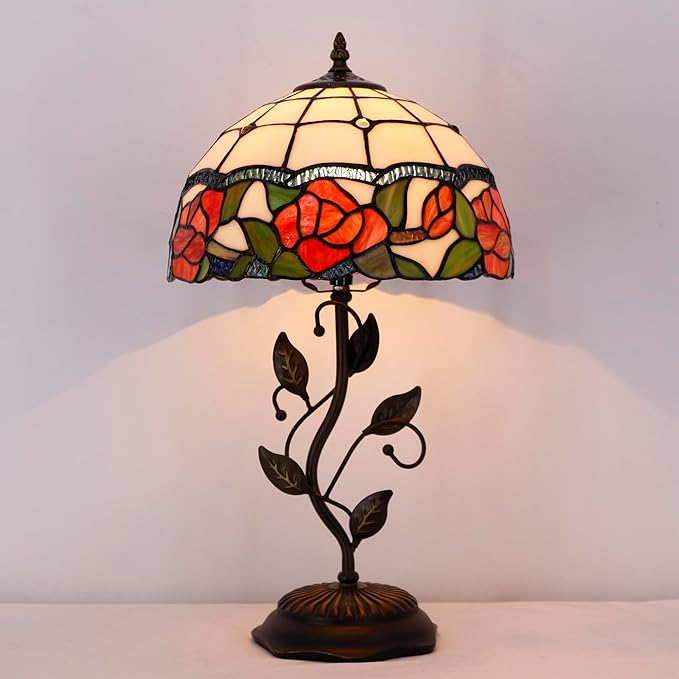 Tiffany Lamp Rose Flower Style Stained Glass Table Lamp Desk Bedside Reading Light 12X12X19 Inches with Metal Leaf Base Decor Bedroom Living Room