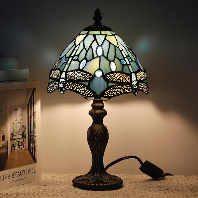 Small Tiffany Lamp Stained Glass Table Lamp Mini Desk Accent Light for Bedroom Bedside Reading Home Antique Style Decor 8X15 Inches (Blue Dragonfly)