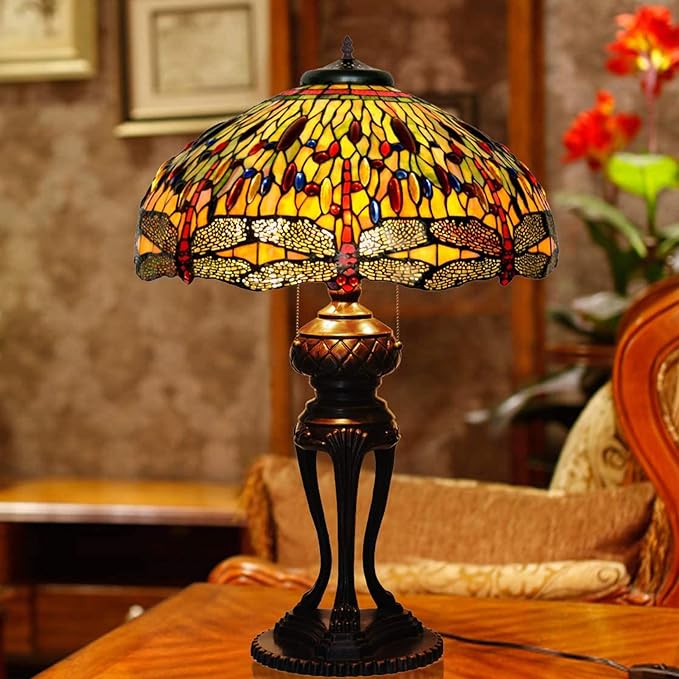 Tiffany Lamp Table Lamp Rose Dragonfly Tulip Wisteria Grape Peach Kapok Peony Apple Flower Design Stained Glass Lampshade Desk Lamp for Girl Living Room Iron Base W20 XH32,Dragonfly