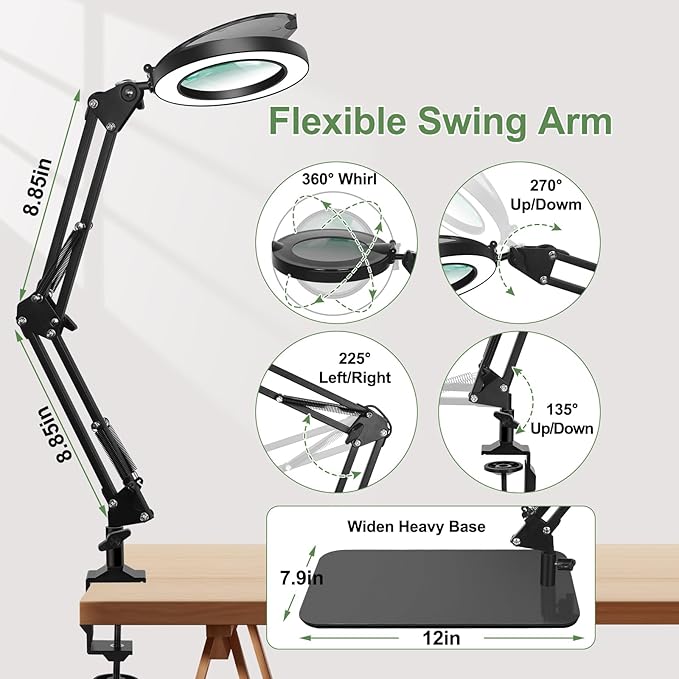 Magnifying Glass with Light, EOOKU 3-in-1 Magnifying Desk Lamp 5X LED Magnifying Lamp with Heavy Base & Clamp, 5 Color Modes Stepless Dimmable, Magnifier Light for Soldering Craft Workbench