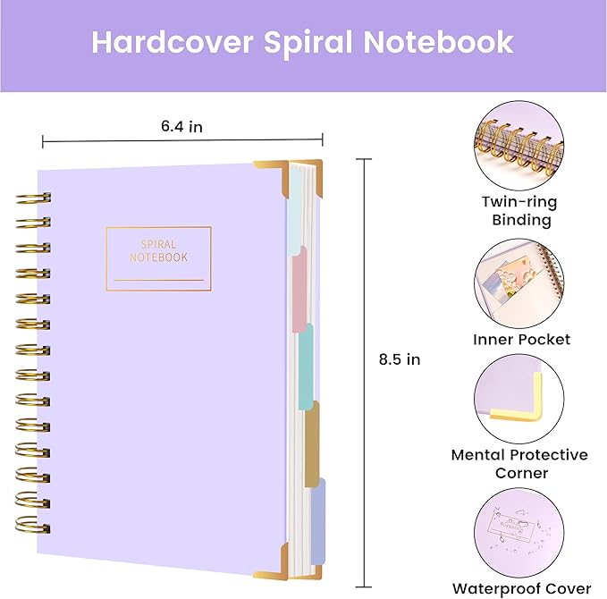 Hardcover Spiral Notebook with Tabs 6.1"x8.3" Small Spiral Lined Journals for Women Men with Dividers 200 Pages College Ruled Composition Notebook 5 Subject Notebook for Work School Gifts, Purple