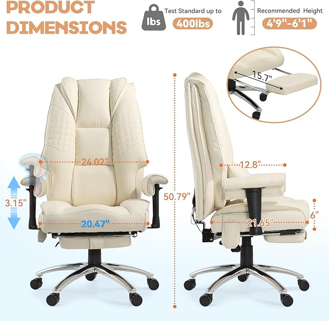 Massage & Heated Office Chair with Foot Rest, Ergonomic Executive Office Chair with Reclining Backrest, Adjustable Arms and Lumbar Support, High Back Leather Desk Chairs for Home Office, Beige