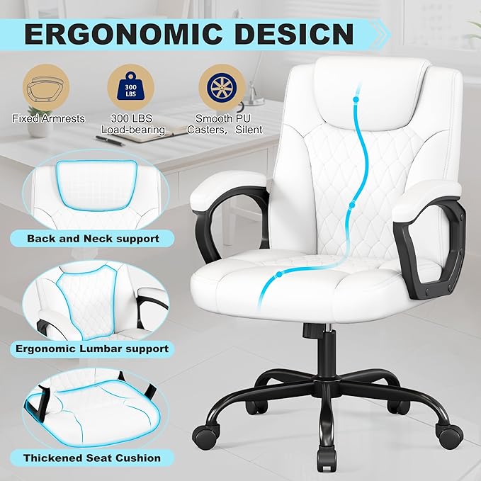 Misolant Office Chair, Executive Desk Chair, PU Leather Comfortable Ergonomic Chairs with Fixed Armrest, Adjustable Height, Rocking Function, 360° Swivel Wheels, White