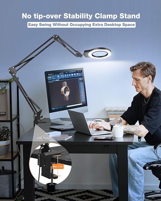 NOEVSBIG Desk Magnifying Glass with Light 10+5X Desktop Lamp Close Work Up for Table Crafting, Reading, Sewing, Panting, Soldering, Ultra Long 3-Section Swing Arm Design for Large Workbench