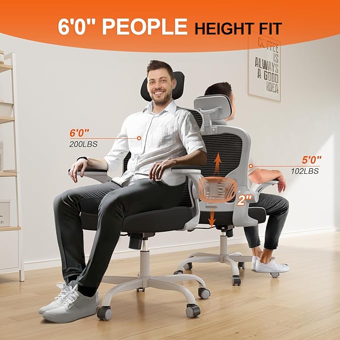 Office Chair Ergonomic Desk Chair, 330LBS Capacity, High Back Computer Chair for Long Hours Comfortable, Rolling Swivel Chair for Home Office, Flip-up Armrests(Grey Black)