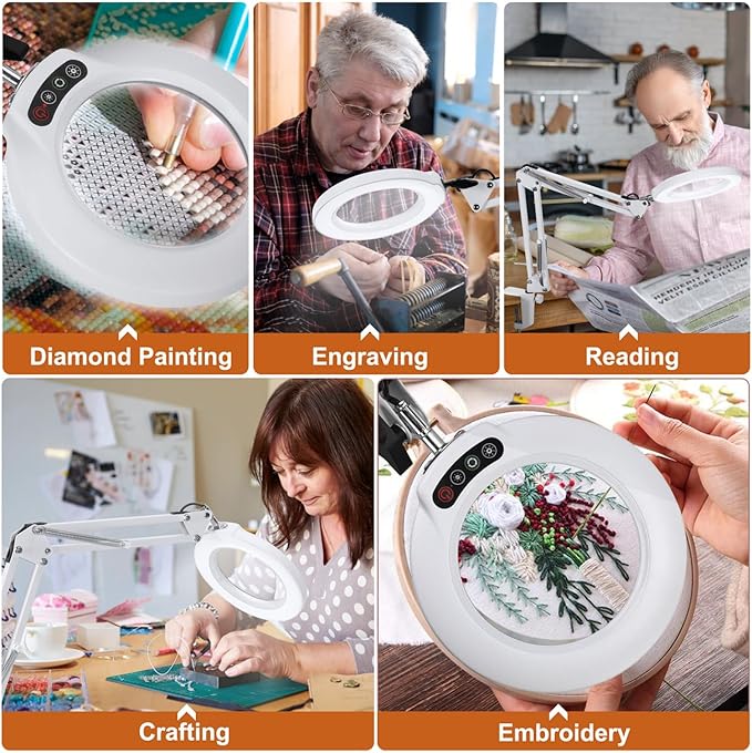 Veemagni 10X Magnifying Glass with Light, 5 Color Modes Stepless Dimmable 2-in-1 Desk Lamp and Clamp, LED Lighted Magnifier with Light and Stand, Hands Free for Craft Hobby Painting Close Work - White