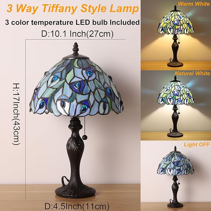Tiffany Table Lamp for Living Room Blue Phoenix Tail Stained Glass Table Lamps for Bedroom Hand-Made 3 Color Temperature Bedside Nightstand Lamp Home Office Desk Lamp 10.1X10.1X17Inch W/LED Bulb