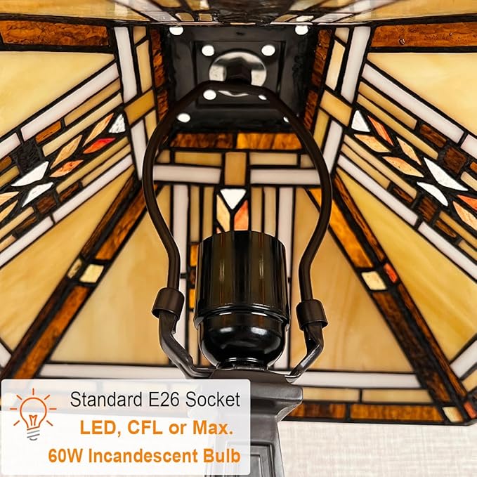 Tiffany Table Lamp,Mission Stained Glass Table Light,Antique Style Medium Size Desk Lamp Vintage Beside Reading Lamp for Living Room Bedroom Office