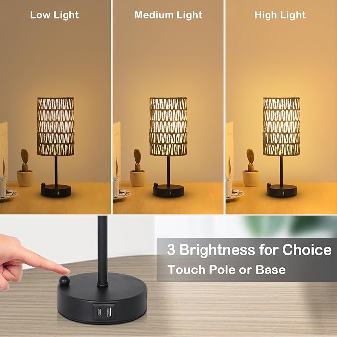 Touch Bedside Lamp For Bedroom with Bulb, Grey Boho Small Table Lamp For Living Room With Rattan & Linen Shade, 3 Way Dimmable Table Lamp For Nightstand With USB Charging Port & Phone Stand For Office