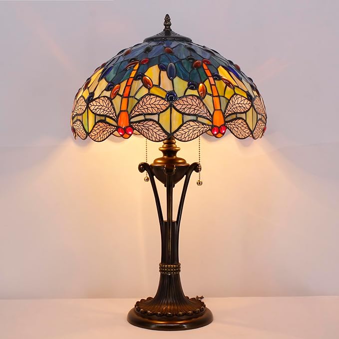 Tiffany Table Lamp Blue Yellow Stained Glass Desk Lamp 16X16X24 Inches Dragonfly Style Reading Light