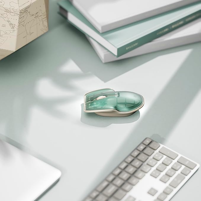 LUNAR ARTEFACTS Ambidextrous Rechargeable Bluetooth Wireless Computer Mouse Green Translucent with White Powder Coated Aluminum, USB-C