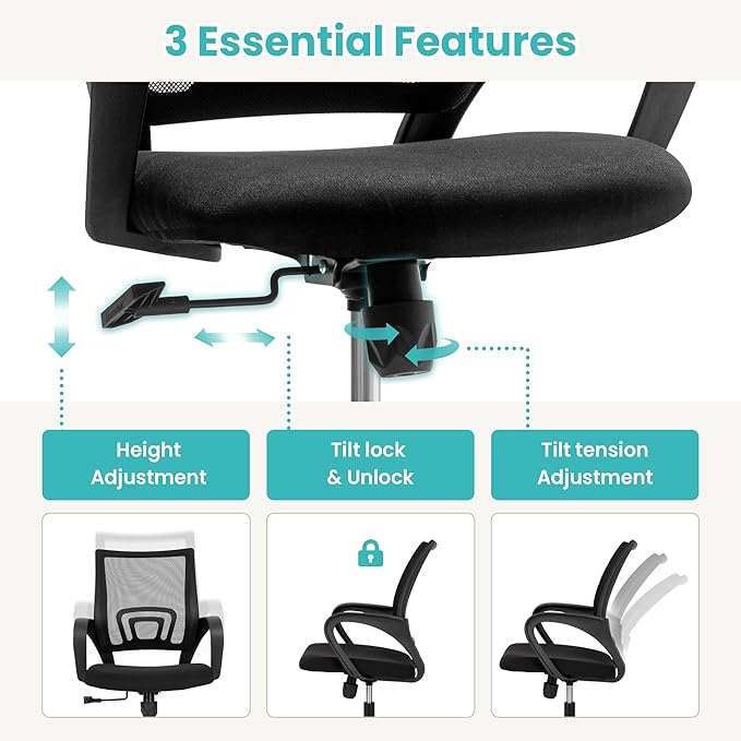 Office Chair with Ergonomic Mid Back Cushion Lumbar Support Adjustable Swivel Rolling Computer Gaming Desk Chair Comfy Mesh Seat Wheels Home Executive Use (2 Pack, Black)