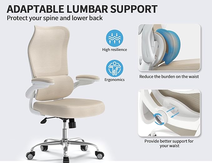 TRALT Ergonomic Office Chair - Desk Chair with Wave High Back Adjustable Lumbar Support Computer Chair - Gaming Chairs Mesh Backrest and PU Leather Seat for Home Reading Chairs to Adults(Beige)