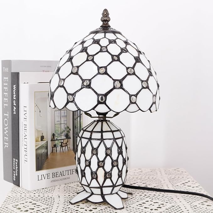Small Tiffany Lamp Stained Glass Table Lamp Mini Mother Daughter Vase Desk Accent Night Light for Bedroom Bedside Reading Home Antique Style 8X14 Inches (White Yellow)