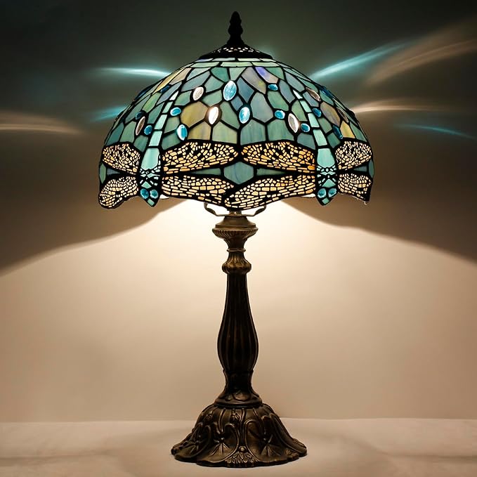 Tiffany Lamp Touch Control Table Lamp Sea Blue Stained Glass Desk Lamp 12X12X19 Inches Dragonfly Style Reading Light