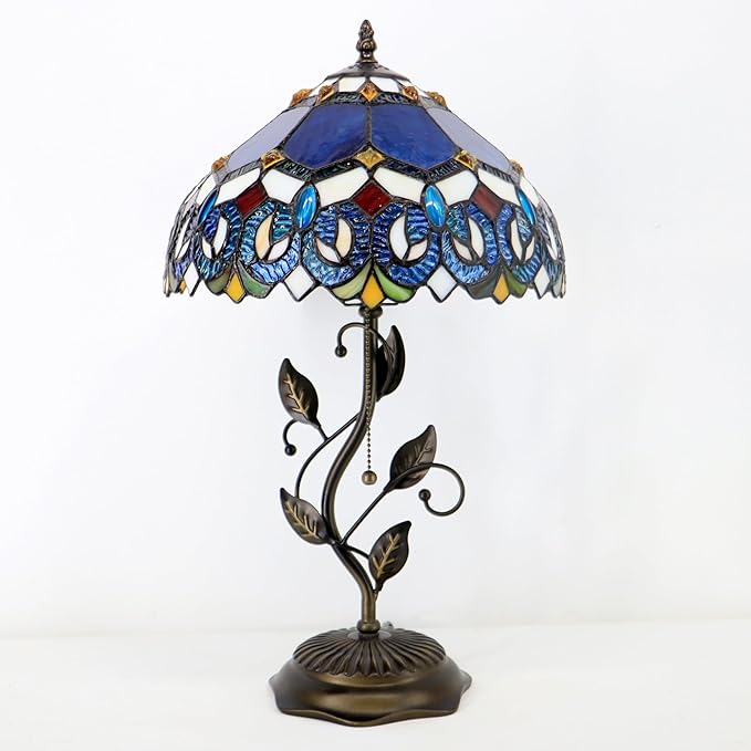 Tiffany Table Lamp, Stained Glass Style Desk Lamp, 12X12X19 Inch,Bedside Reading Light, Metal Leaf Base(Blue Baroque)
