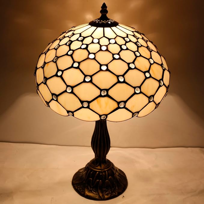 WERFACTORY Tiffany Lamp Cream Amber Stained Glass Bead Table Lamp Desk Bedside Reading Light 12X12X18 Inches Deco Bedroom Living Room Home Office S005 Series