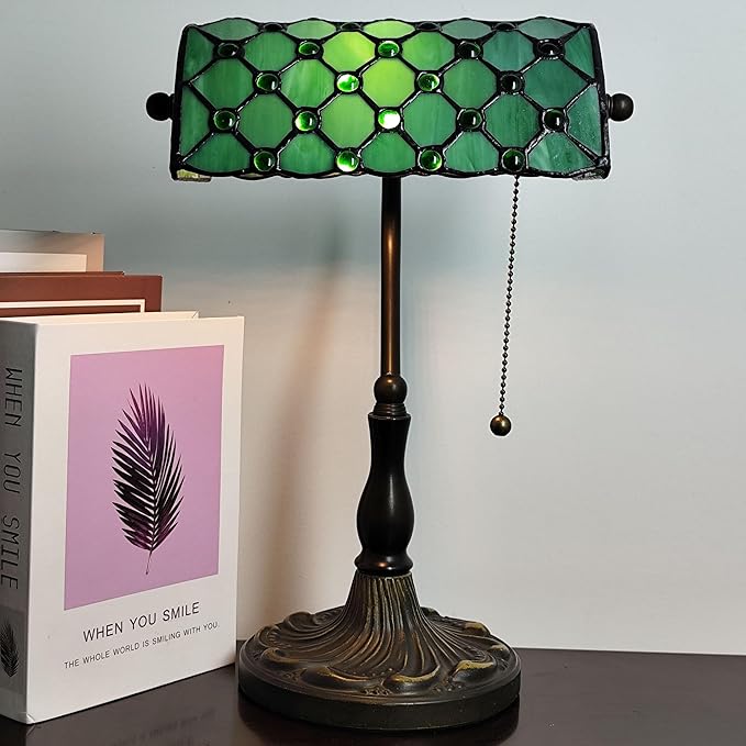 Small Tiffany Style Banker Table Lamp Small Stained Glass Piano Desk Lamp Vintage Bedside Lamp for Home Living Room Office (Green Pearls Style)
