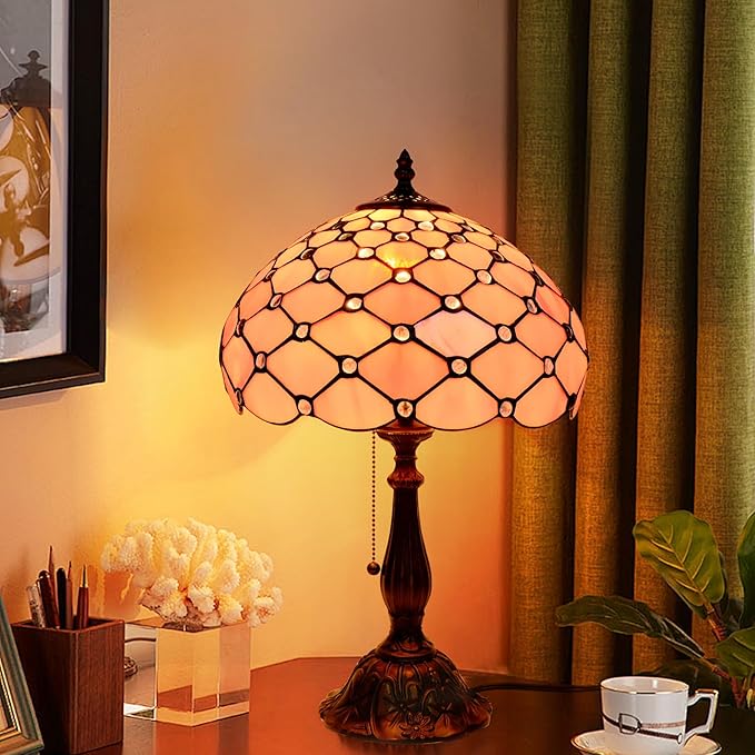 Tiffany Lamp Vintage Pink Stained Glass Bead Table Lamp Desk Bedside Reading Light Decor Bedroom Living Room Home Office D12*H18 Inches