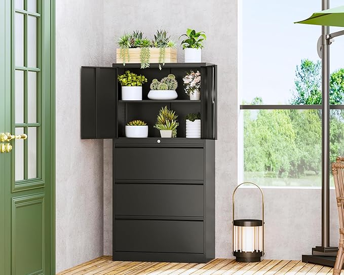 Letaya 3 Drawer Metal Storage Cabinets for Home Office,File Cabinet with Lock and 2 Adjust Shelves-Hang Filing Legal/Letter/A4/F4 Size(Black