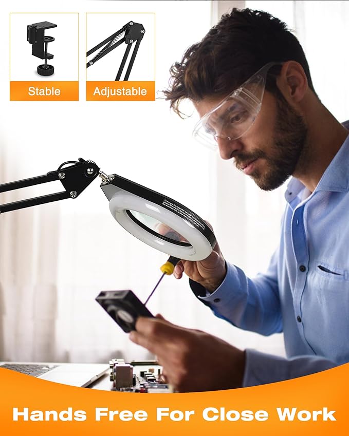 Magnifying Glass with Light, 10X & 5X Real Glass & Anti-Glare Lens, 5 Color Mode Stepless Dimmable LED Desk Magnifying Lamp, Hands-Free Desk Lamp with Clamp for Crafts Reading Repair Hobby (yellow)