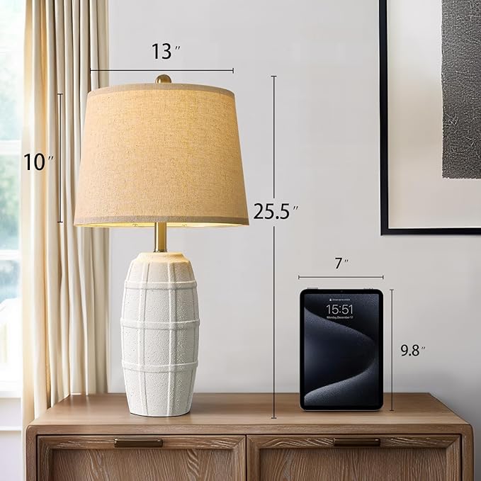 PORTRES 25.5" Ceramic Table Lamps for Bedroom Living Room Modern Lamp Bedside Nightstand Lamp Farmhouse Rustic Boho Retro Vintage Table Lamp Light Home Office Desk Deco Gifts, White