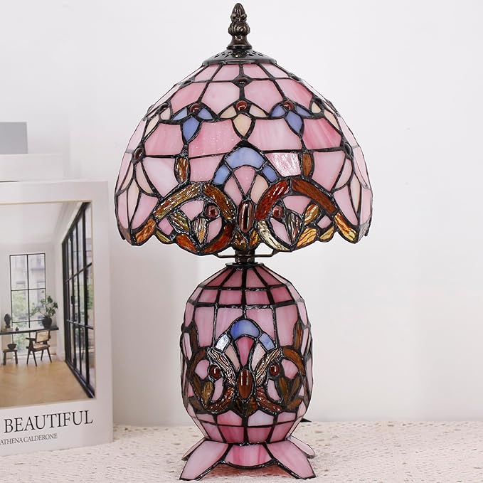 Small Tiffany Lamp Stained Glass Table Lamp Mini Mother Daughter Vase Desk Accent Light for Bedroom Bedside Reading Home Antique Style Decor 8X14 Inches (Pink Baroque)
