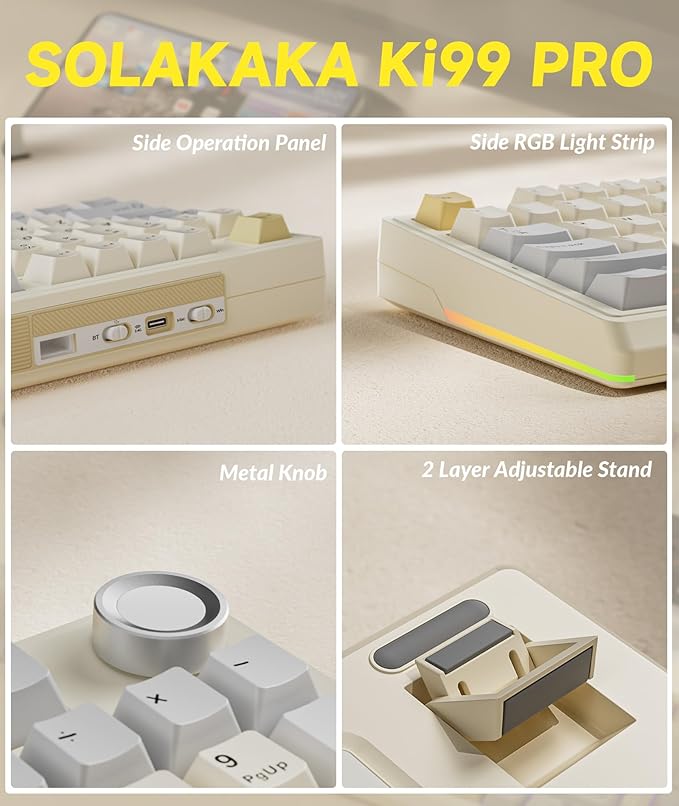 SOLAKAKA KI99 Pro 96% Wireless Mechanical Keyboard, RGB Gaming Keyboard, Hot-Swappable Pre-Lubed Switches, Gasket Structure Creamy Keyboards (Beige-White, Non-Silent Version)